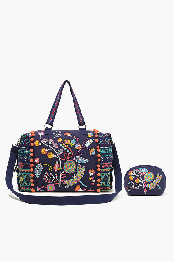 Weekend Travel Bag with Pouch Navy Floral