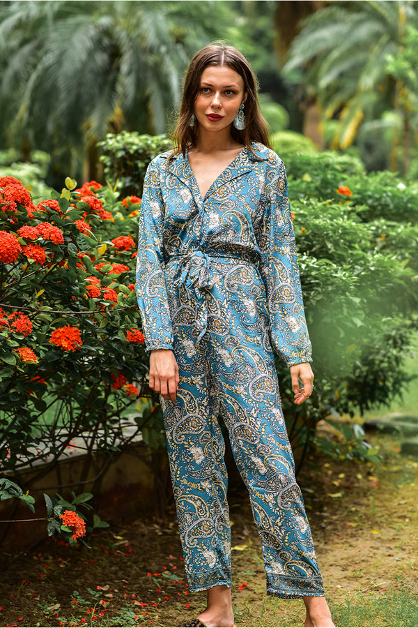 Hailee Blue Paisley Print Jumpsuit With Pockets