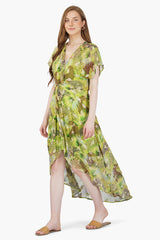 Lime Green Leopard Printed High-Low Dress