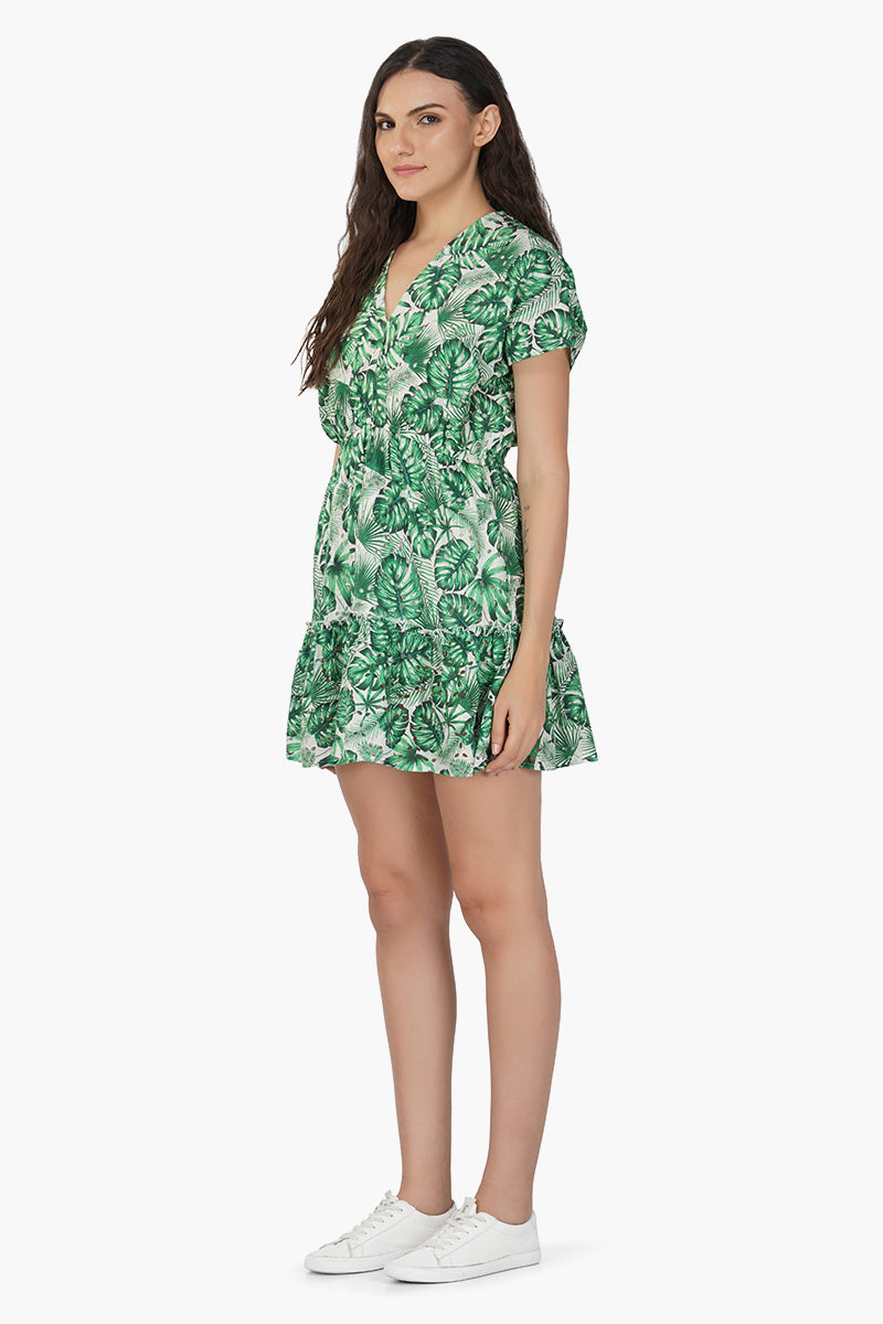 Green Palm Printed Short Dress