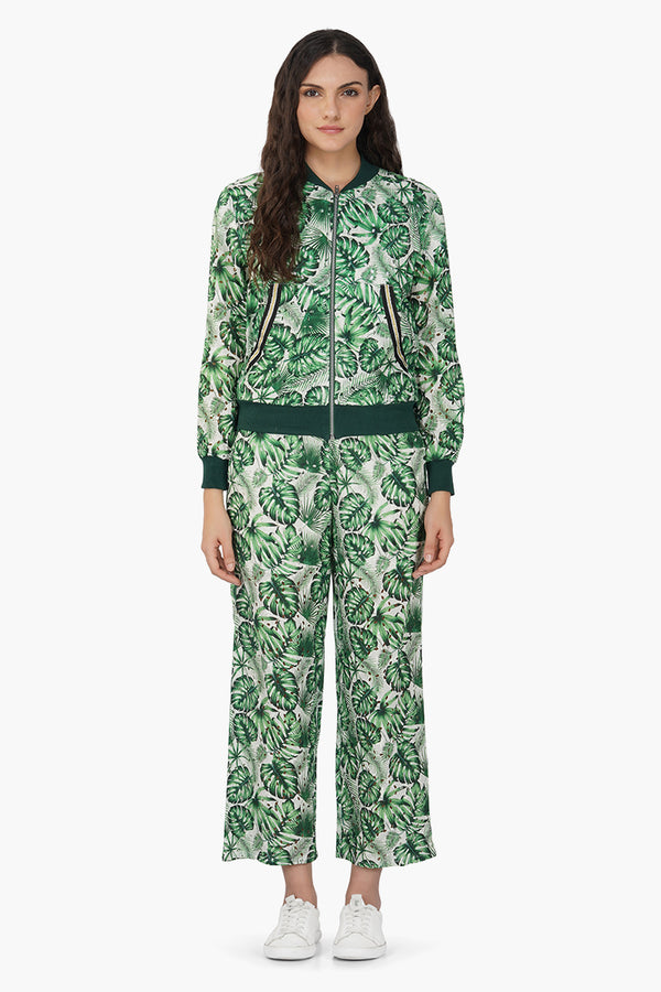 Green Palm Printed Bomber Jacket
