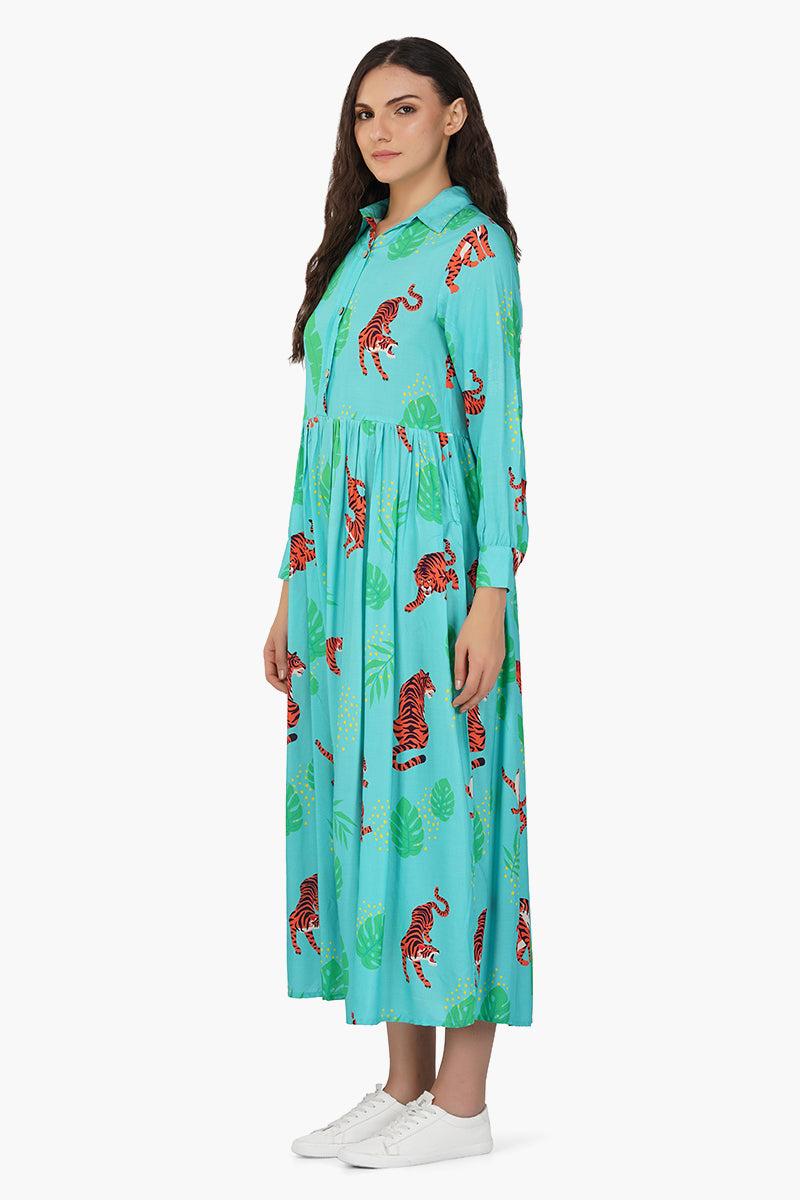 Green Jungle Tiger Button Up Dress