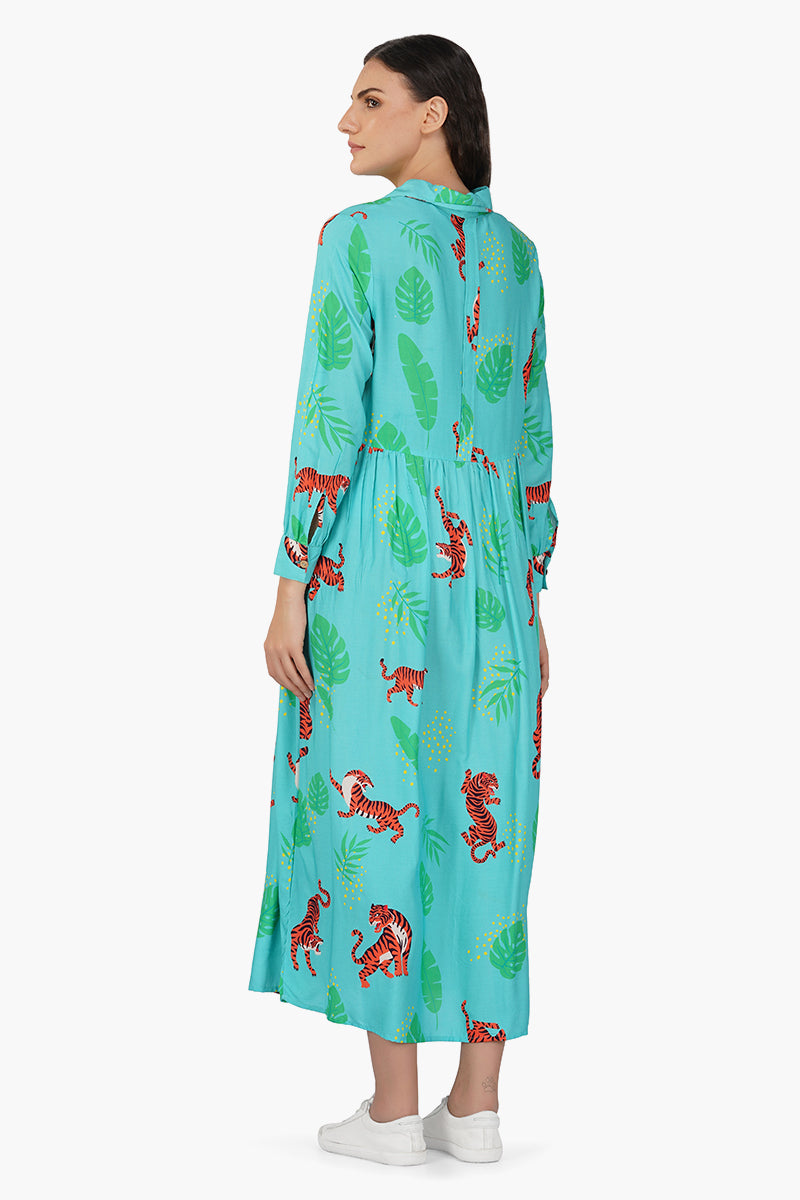 Green Jungle Tiger Button Up Dress