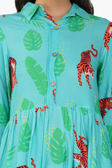 Green Jungle Tiger Button Up Dress