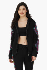 Black embroidered Long sleeve hooded jacket