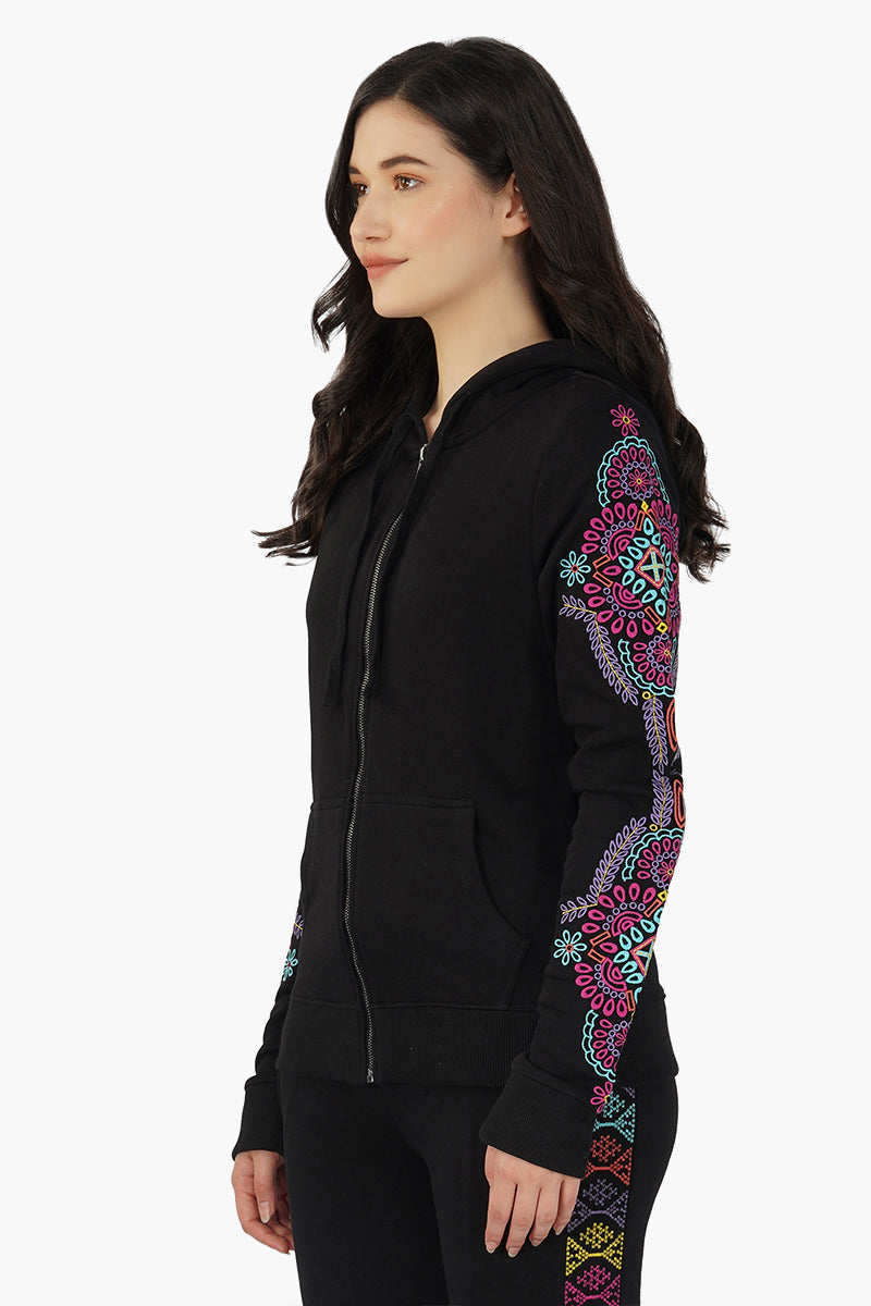 Black embroidered Long sleeve hooded jacket