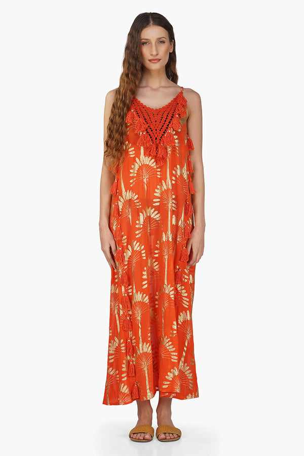 Sunset Palm Foil Tassel Maxi Dress
