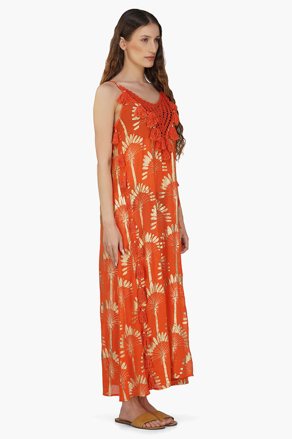 Sunset Palm Foil Tassel Maxi Dress