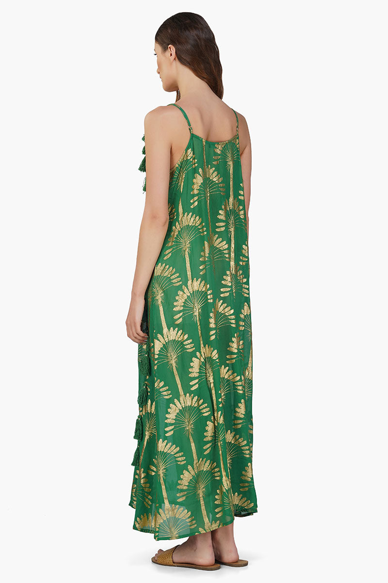 Pine Green Palm Tassel Foil Maxi Dress