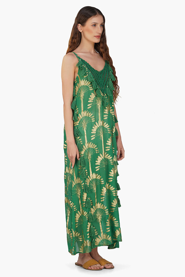 Pine Green Palm Tassel Foil Maxi Dress