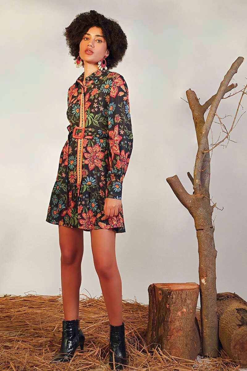 Black Multi Floret Short Dress