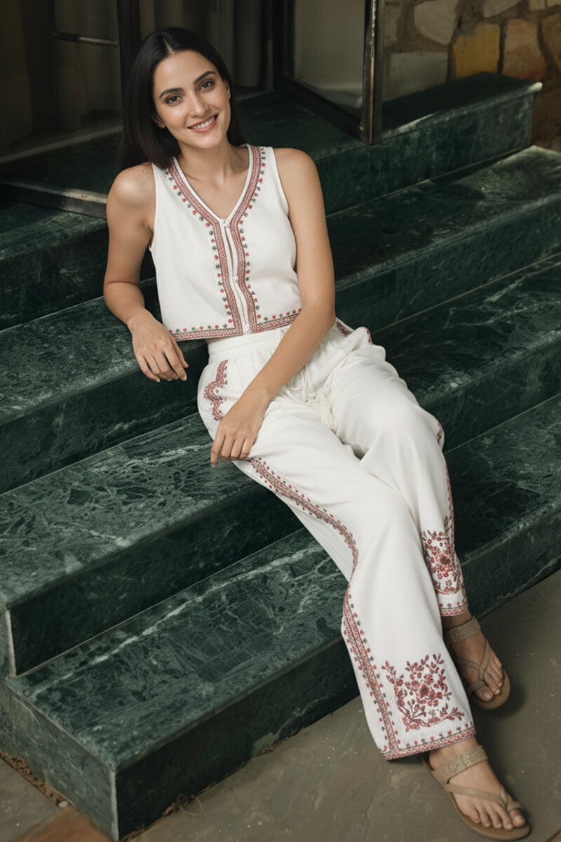 Beige Rose Bloom Embroidered Pants