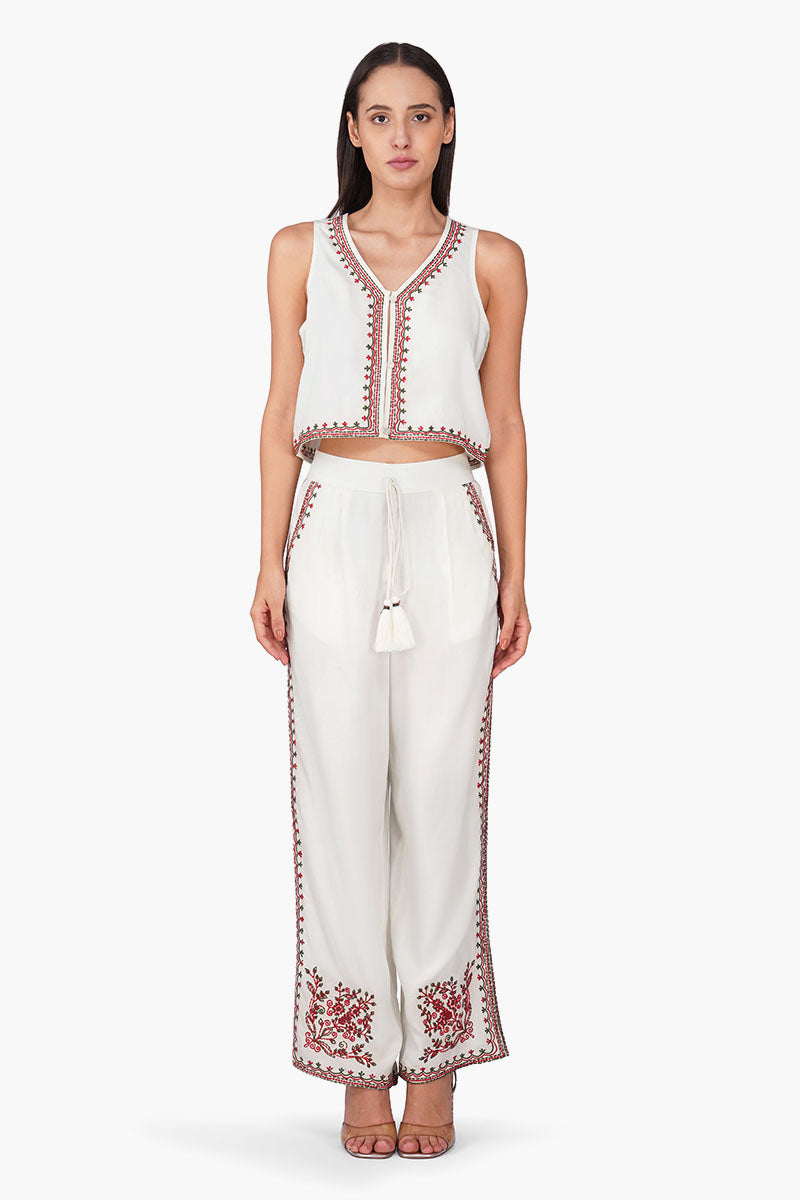 Beige Rose Bloom Embroidered Pants