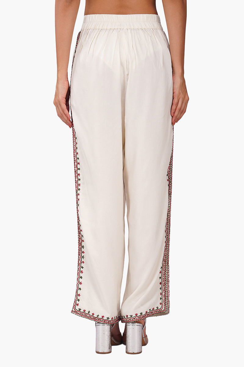Beige Rose Bloom Embroidered Pants
