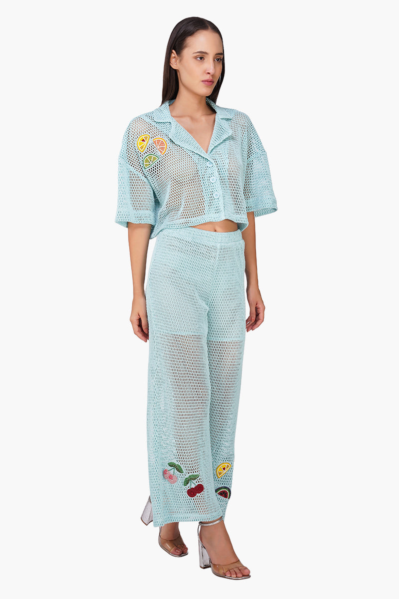 Iced Fruit Embroidered Crochet Crop Shirt