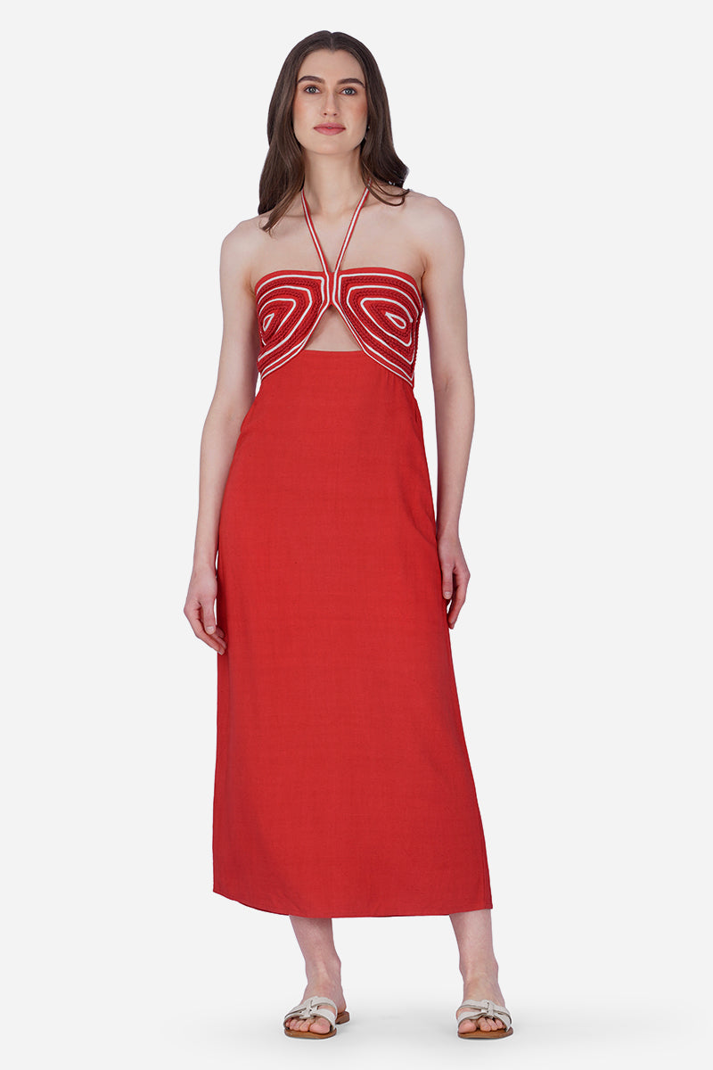 Red dress with cut-out design on a white background