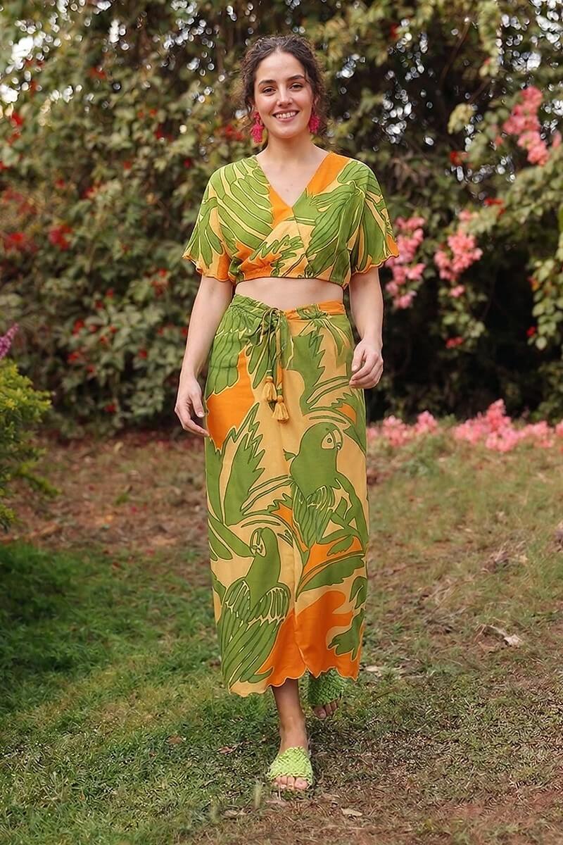 Lime Sun Toucan Printed Wrap Top | view 1