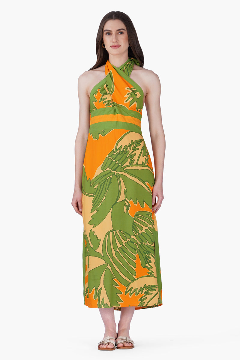 Lime Sun Toucan Printed Halter Dress