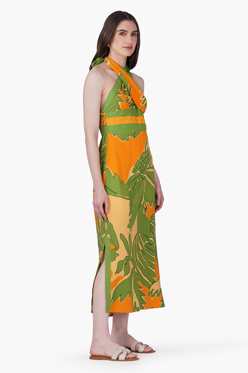 Lime Sun Toucan Printed Halter Dress