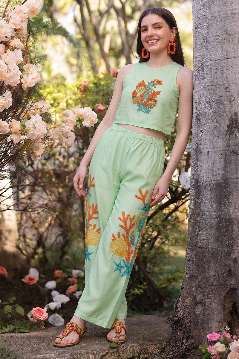 Under The Green Seahorse Embellished Top