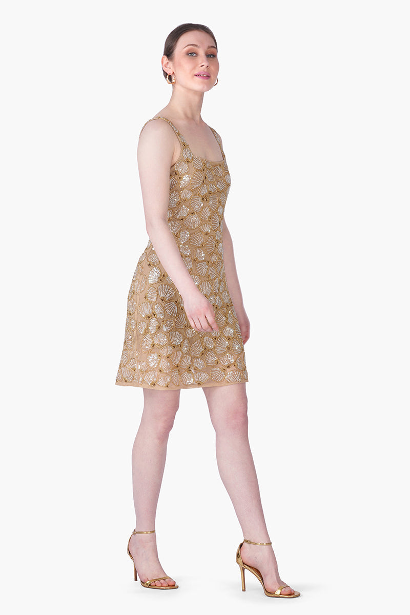 Golden Shell Glam Embroidered Short Dress | View 3