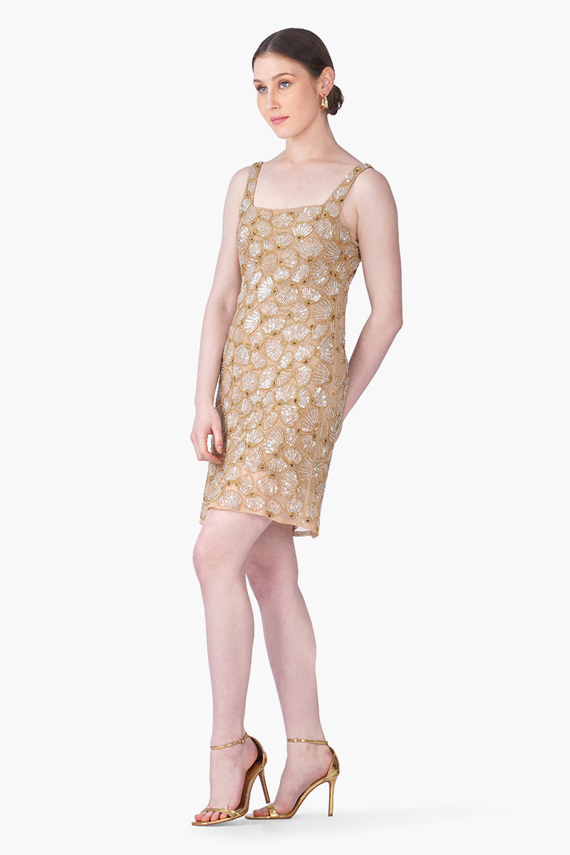 Golden Shell Glam Embroidered Short Dress