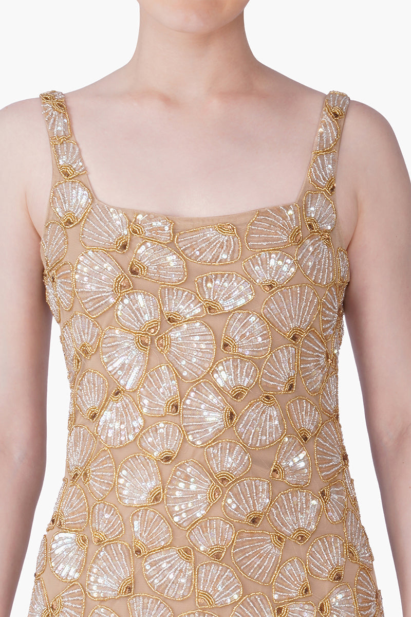 Golden Shell Glam Embroidered Short Dress