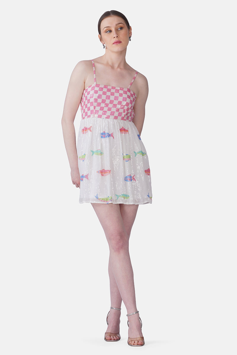 Salt And Sea Sequined Fish Printed Short Dress