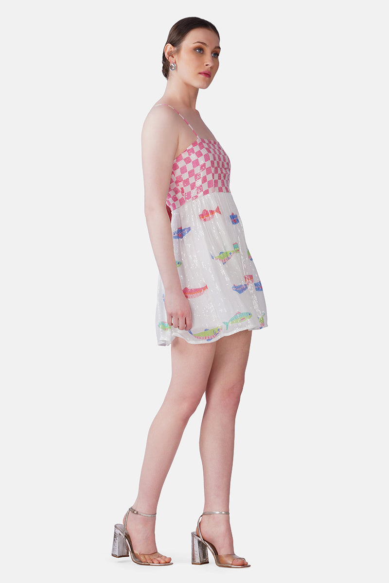 Salt And Sea Sequined Fish Printed Short Dress | View 3