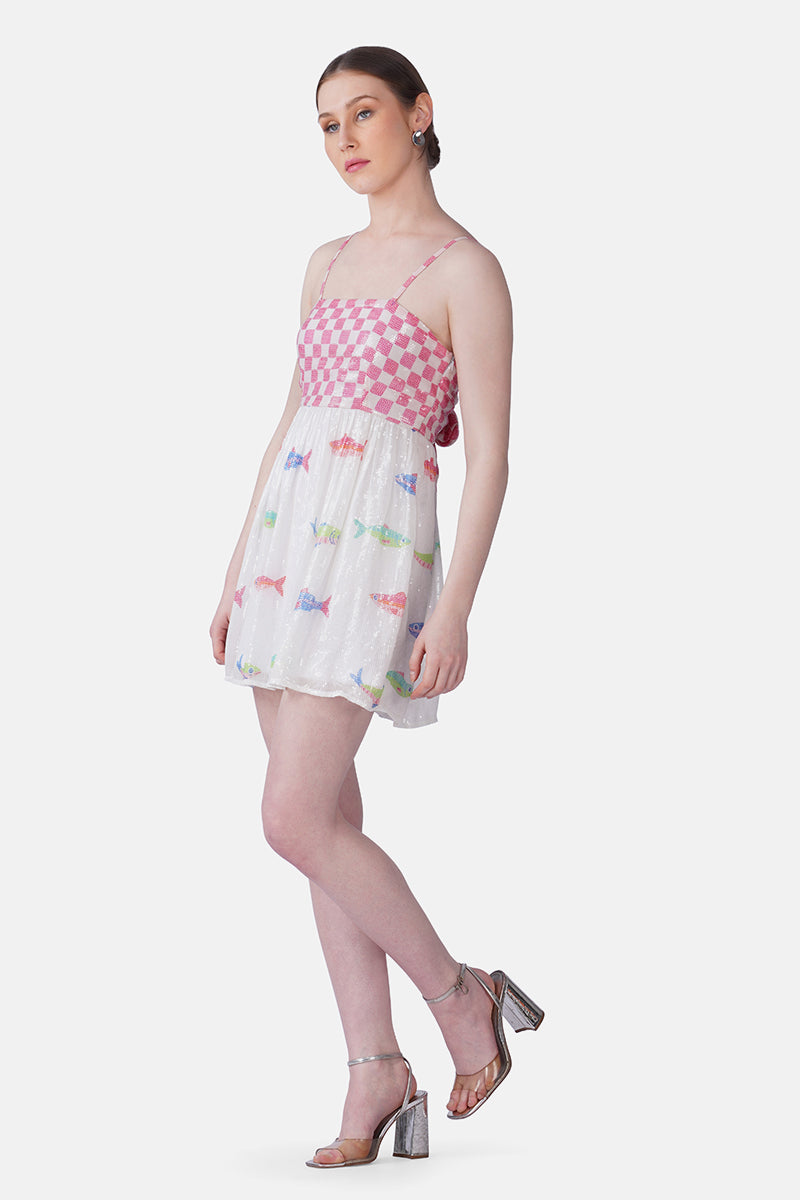 Salt And Sea Sequined Fish Printed Short Dress | View 4