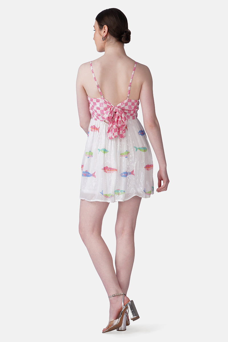 Salt And Sea Sequined Fish Printed Short Dress | View 5