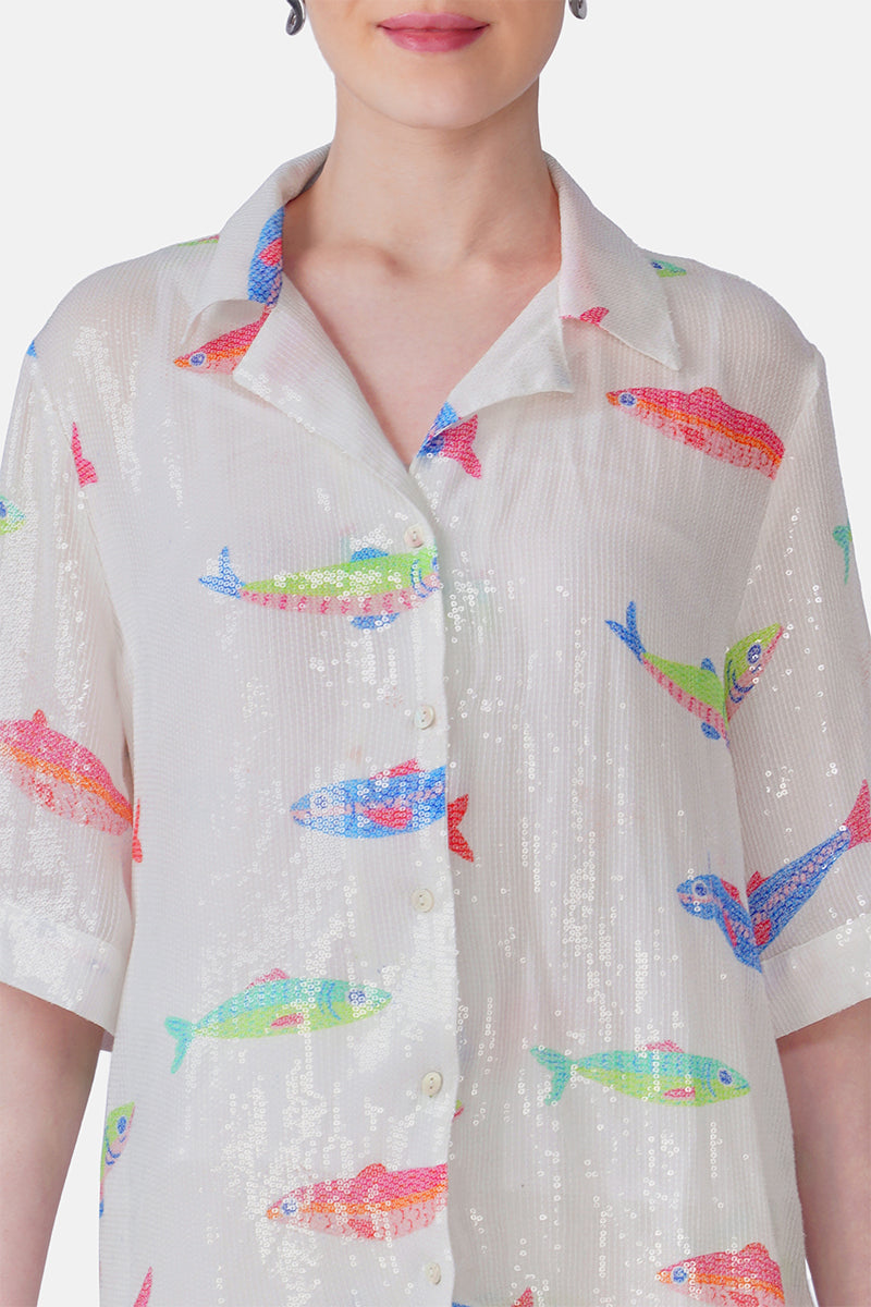 Salt And Sea Sequined Fish Printed Shirt | View 6