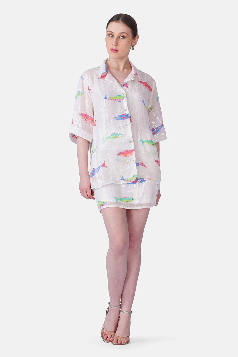 Salt And Sea Sequined Fish Printed Skirt