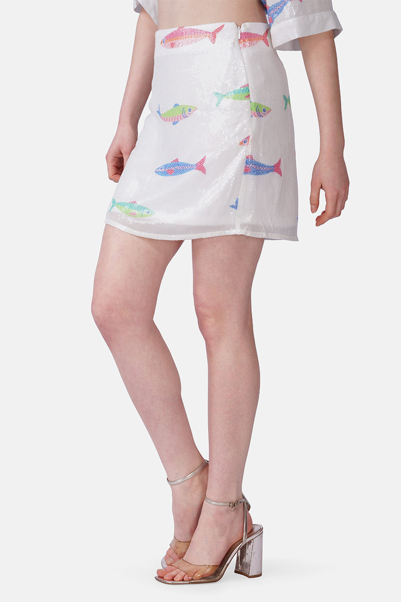 Salt And Sea Sequined Fish Printed Skirt | View 3