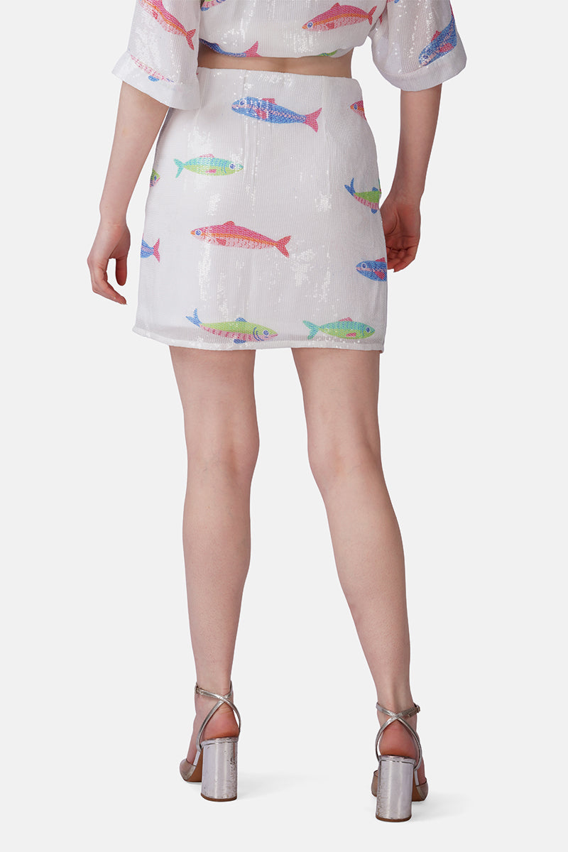 Salt And Sea Sequined Fish Printed Skirt