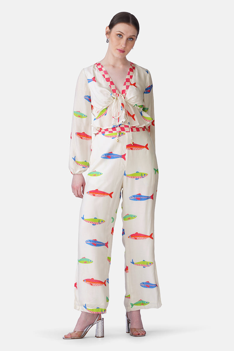 Hand-Drawn Fish Printed Crop Top