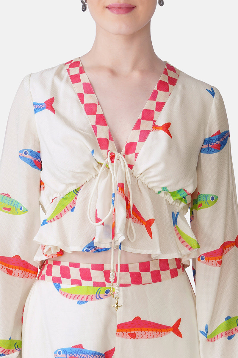 Hand-Drawn Fish Printed Crop Top | View 6