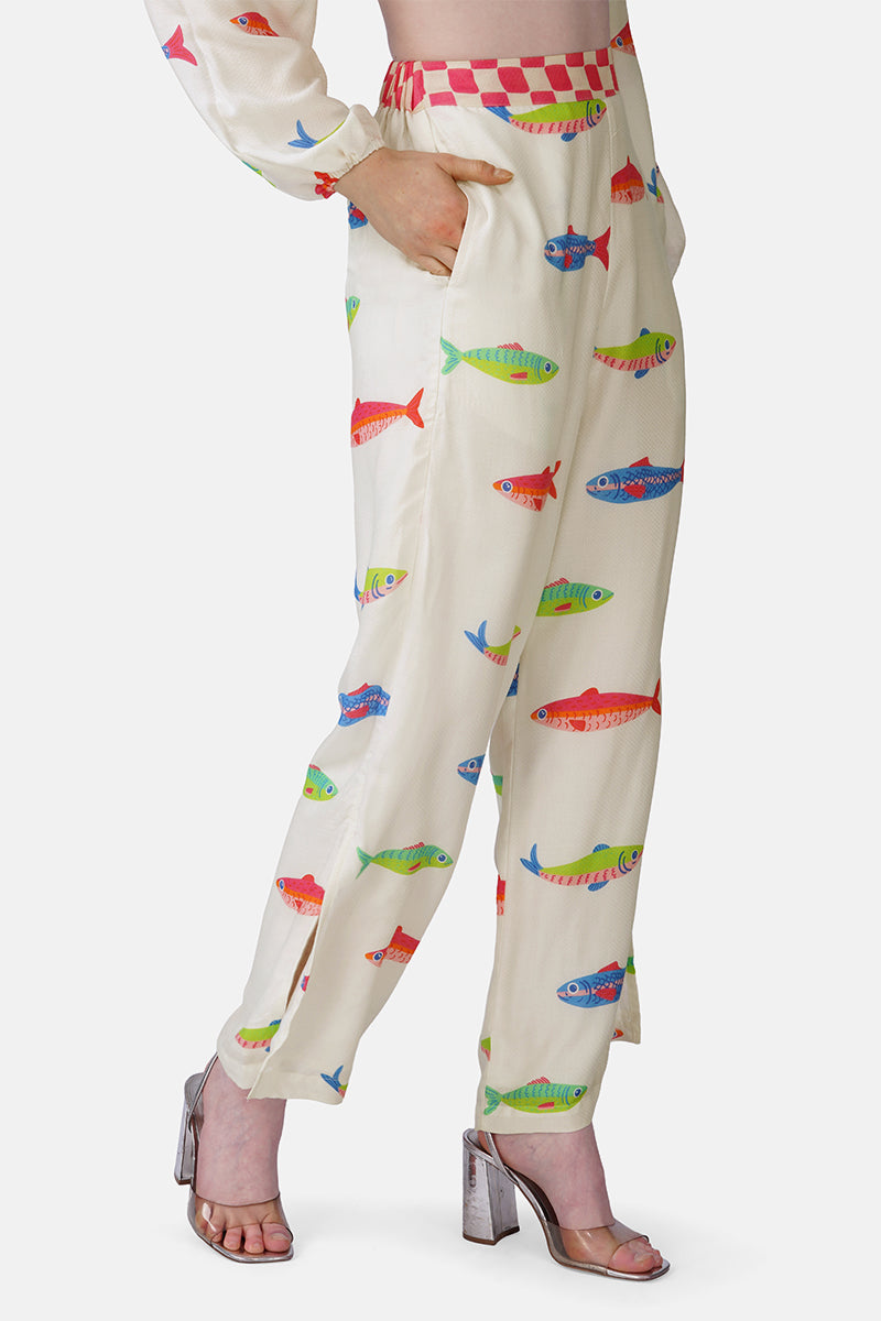 Hand-Drawn Fish Printed Pants