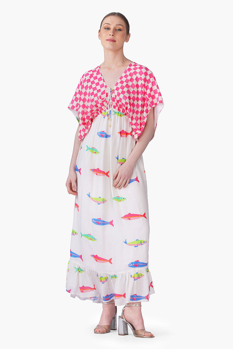 Hand-Drawn Fish Printed Maxi Dress