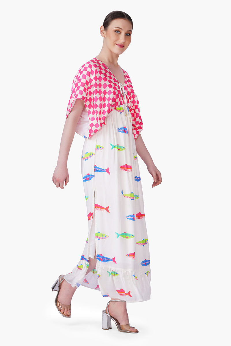 Hand-Drawn Fish Printed Maxi Dress | View 3