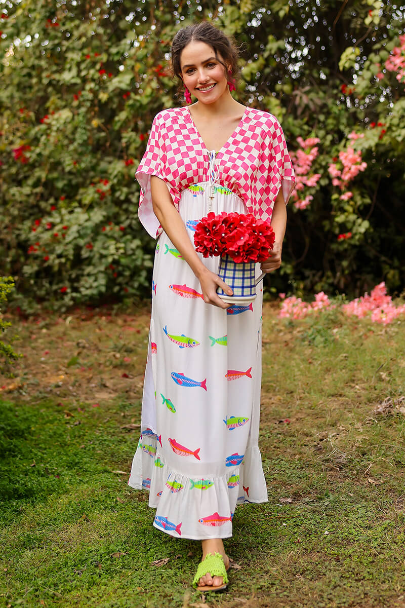 Hand-Drawn Fish Printed Maxi Dress