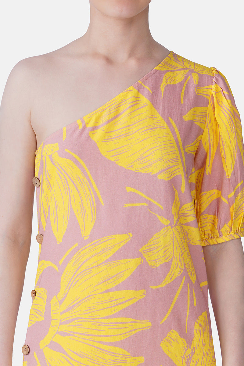 Banana Blush Print One Shoulder Short Dress