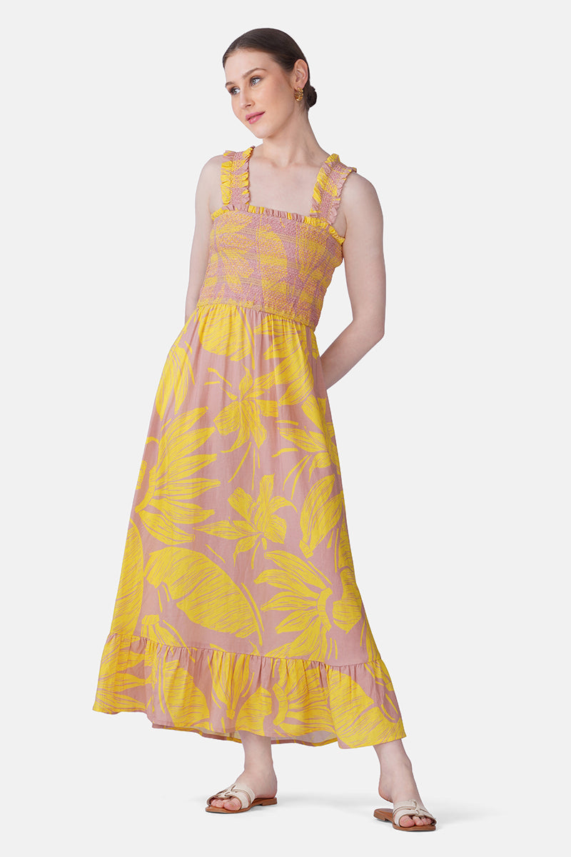 Banana Blush Print Smocked Long Dress | view 2