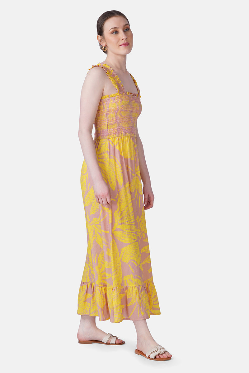 Banana Blush Print Smocked Long Dress