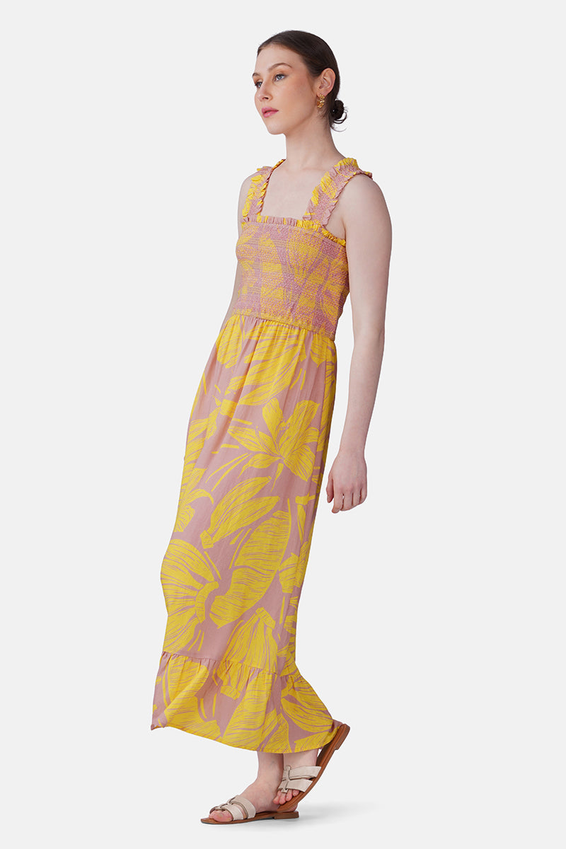 Banana Blush Print Smocked Long Dress