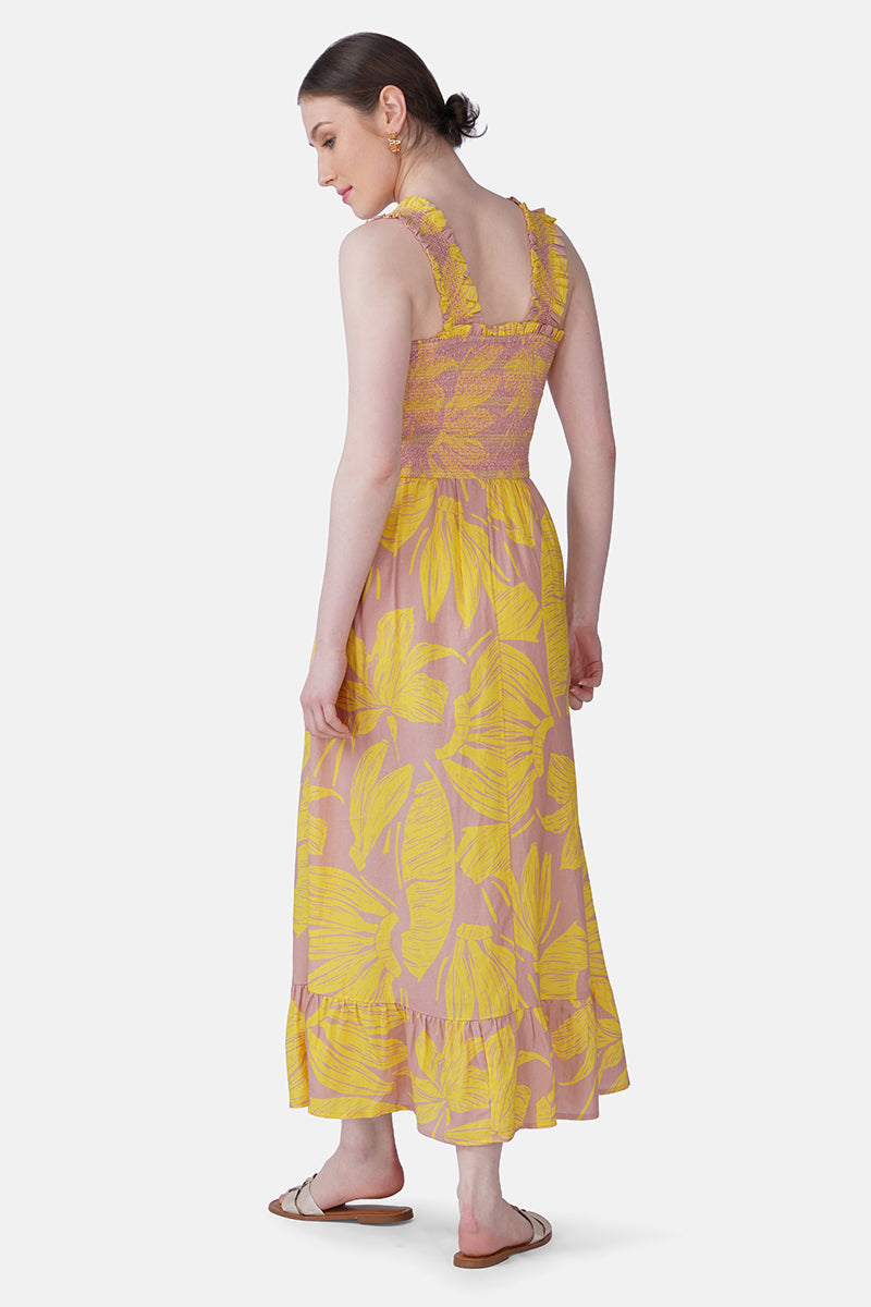 Banana Blush Print Smocked Long Dress