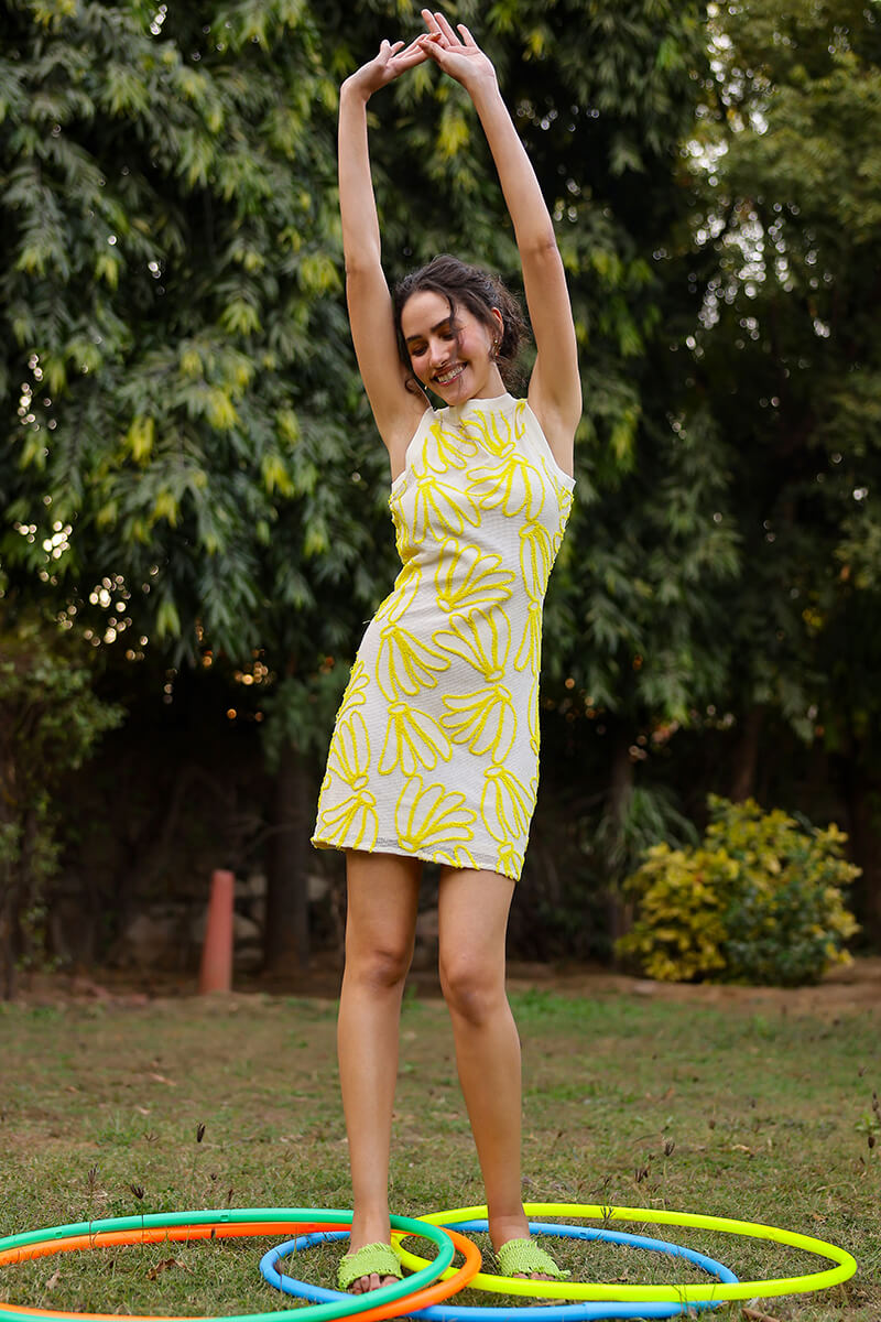 Sunset Banana Embroidered Bodycon Dress