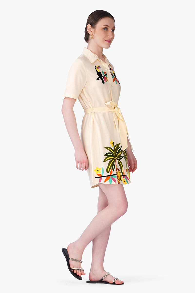 Toucan Carnival Embroidered Shirt Dress