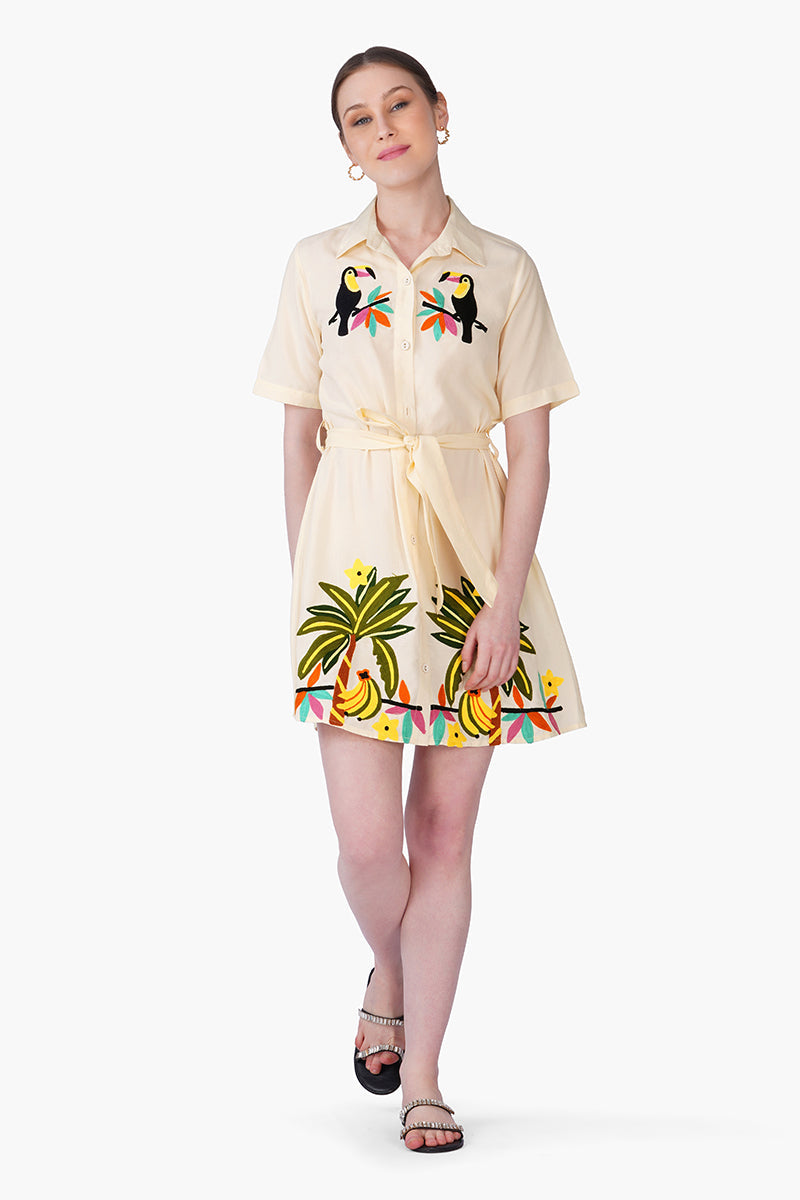 Toucan Carnival Embroidered Shirt Dress