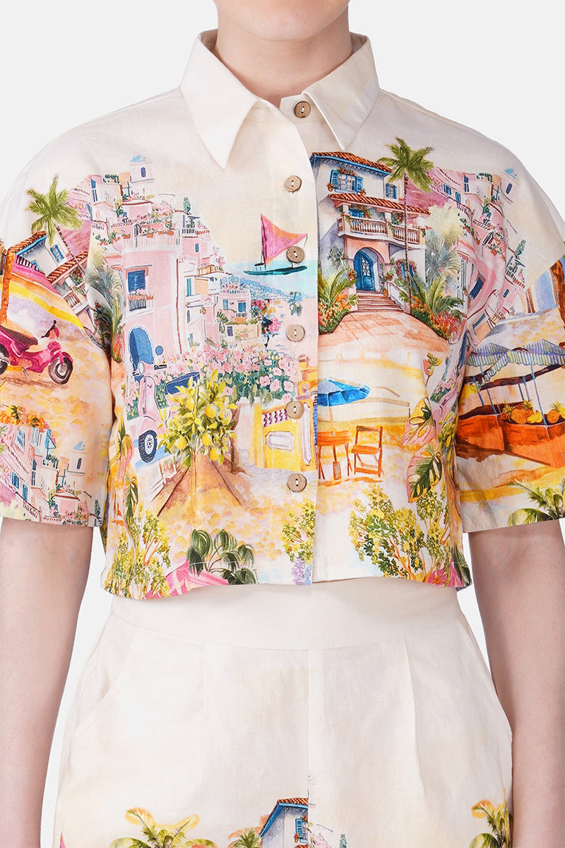 Summer Escape Vacation Print Crop Shirt